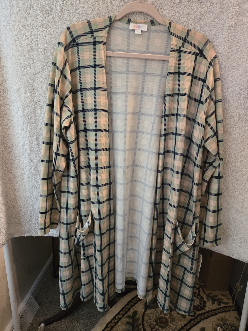 LuLaRoe Plaid Open-Front Cardigan - Beige, Navy & Cream
